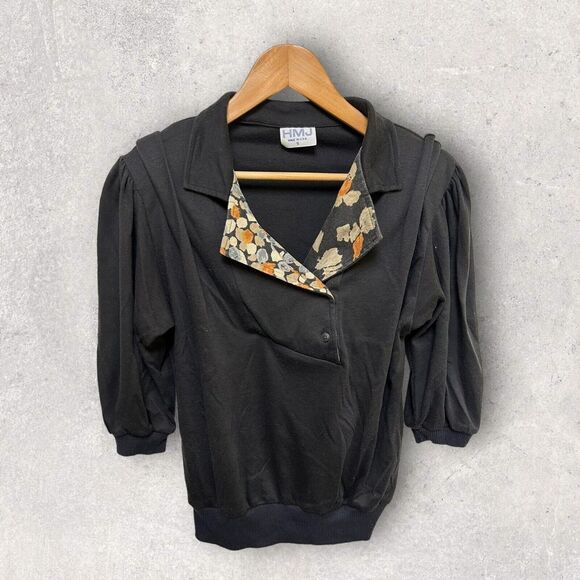 Vintage HJM Puff Half Sleeve Floral Sweater Black‎ Oversized Small - Picture 1 of 4